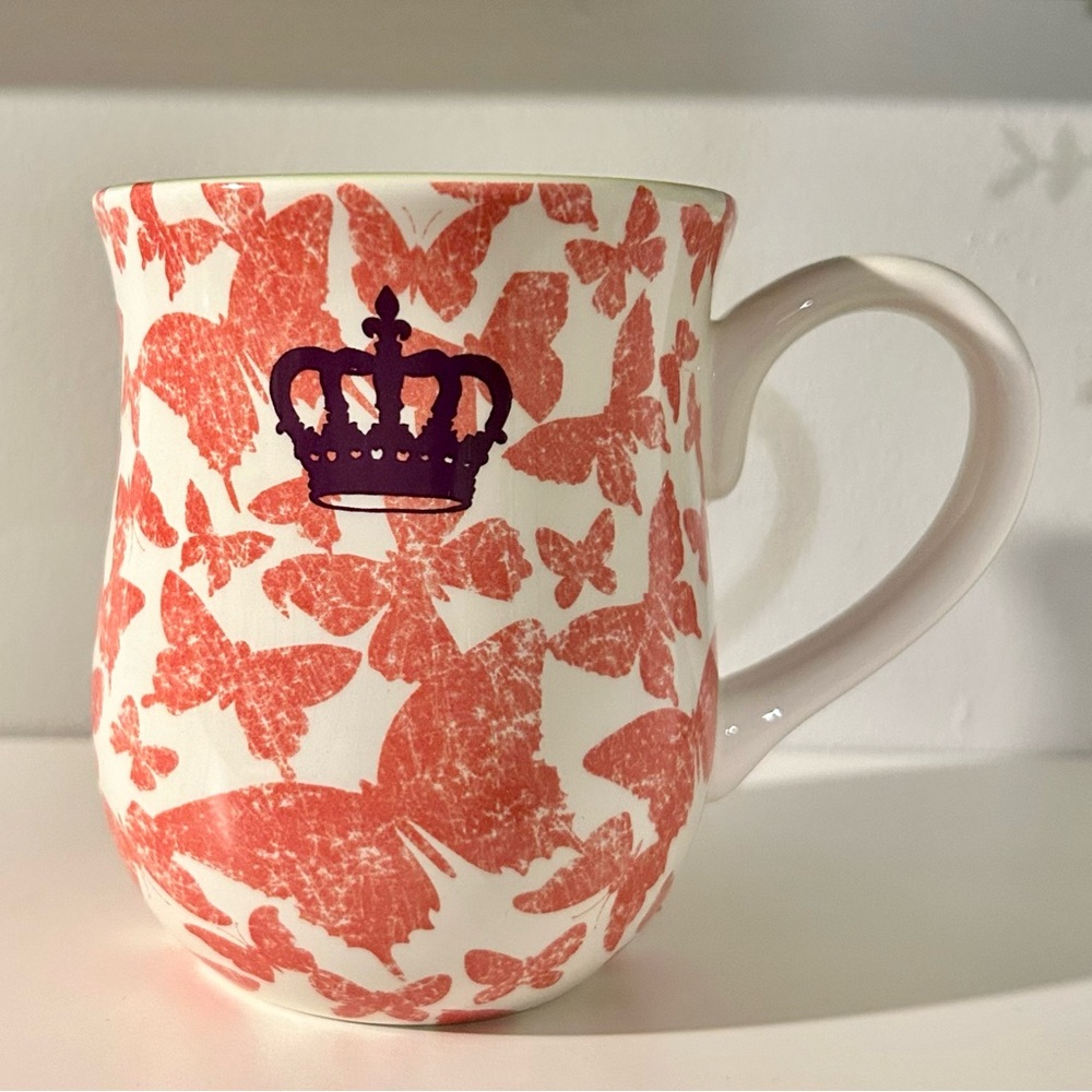Butterfly Print Mug with Crown Design